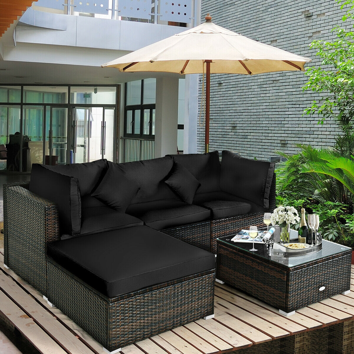 5 Pcs Outdoor Patio Rattan Furniture Set Sectional Conversation with Cushions, Black Outdoor Sectionals   at Gallery Canada