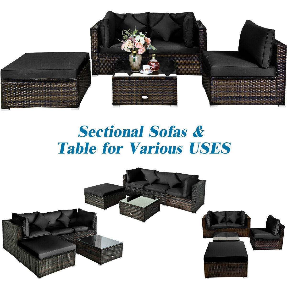 5 Pcs Outdoor Patio Rattan Furniture Set Sectional Conversation with Cushions, Black Outdoor Sectionals   at Gallery Canada