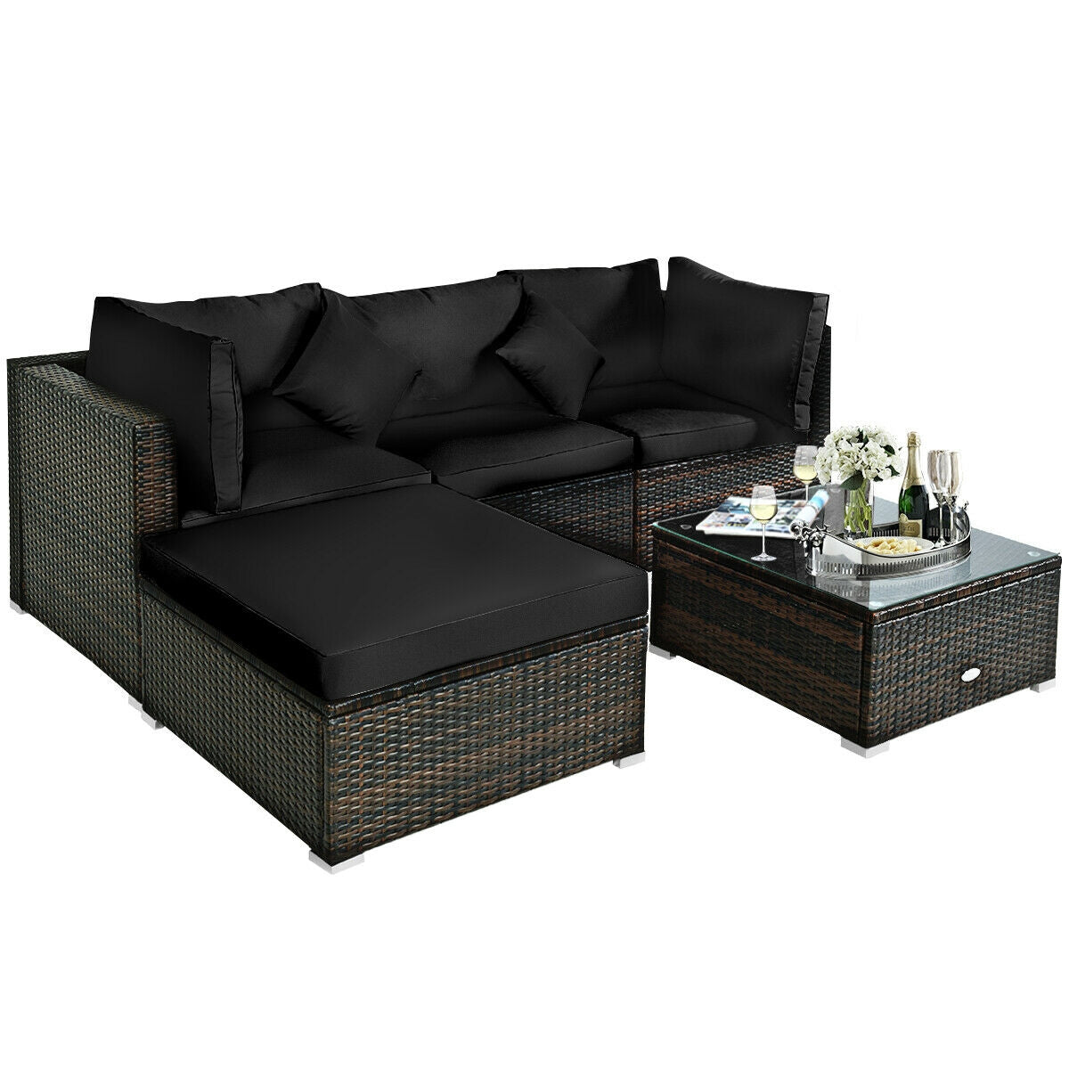 5 Pcs Outdoor Patio Rattan Furniture Set Sectional Conversation with Cushions, Black Outdoor Sectionals   at Gallery Canada