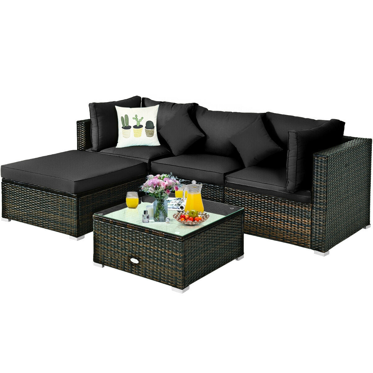 5 Pcs Outdoor Patio Rattan Furniture Set Sectional Conversation with Cushions, Black Outdoor Sectionals   at Gallery Canada