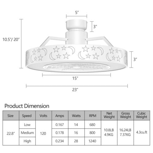 23 Inch Ceiling Fan with LED Light and Remote Control, White Ceiling Fans at Gallery Canada