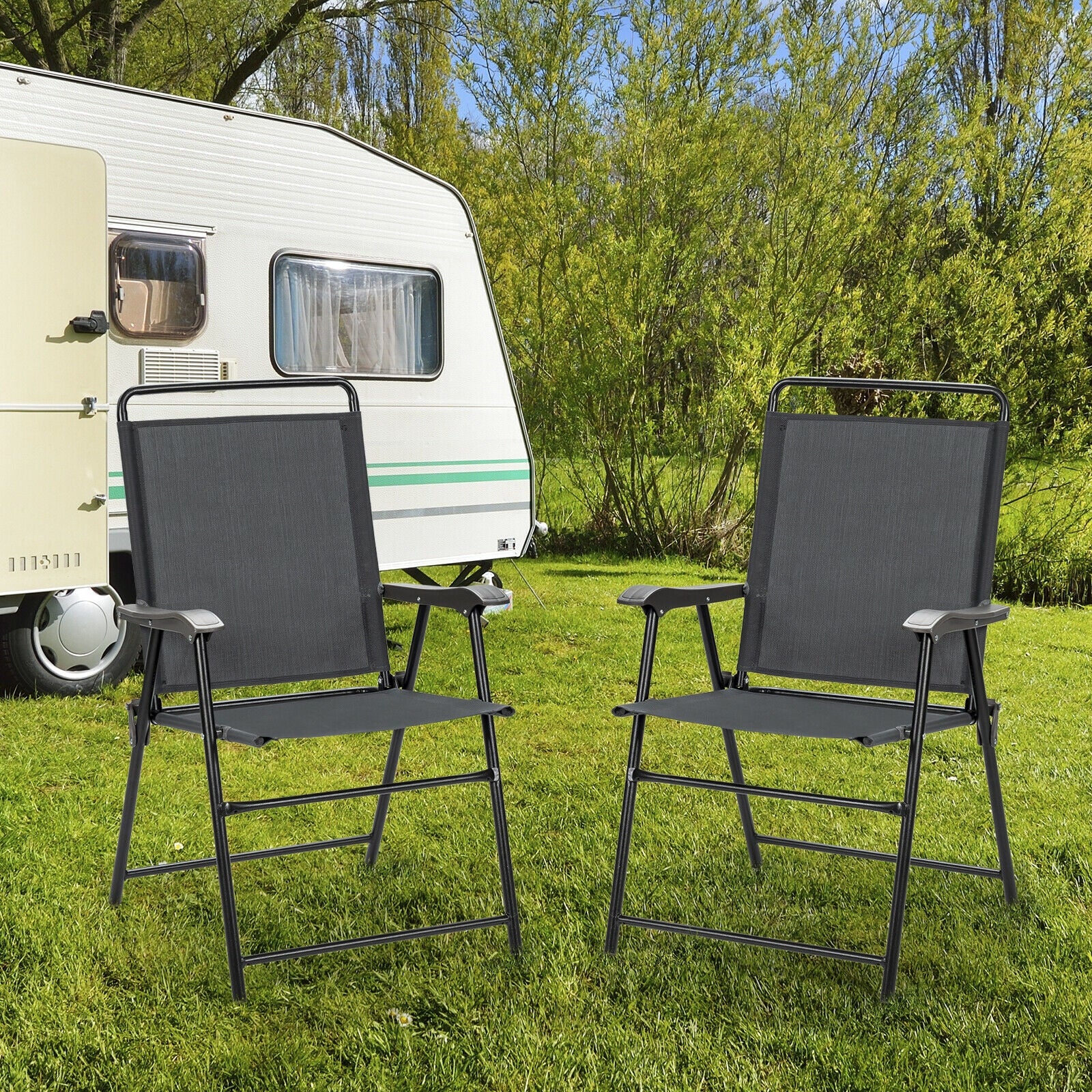 4 Pieces Portable Outdoor Folding Chair with Armrest, Gray Patio Dining Chairs   at Gallery Canada