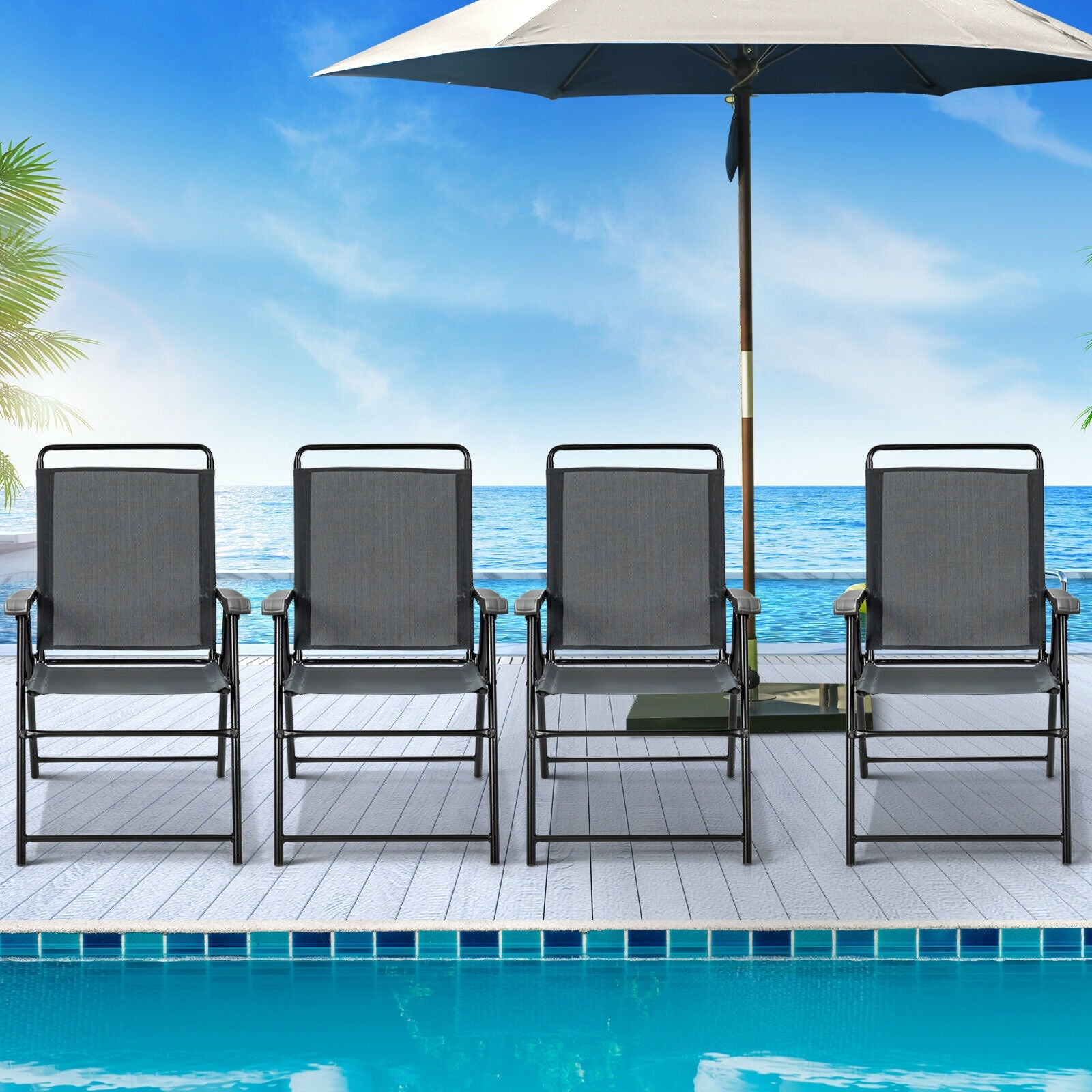 4 Pieces Portable Outdoor Folding Chair with Armrest, Gray Patio Dining Chairs   at Gallery Canada