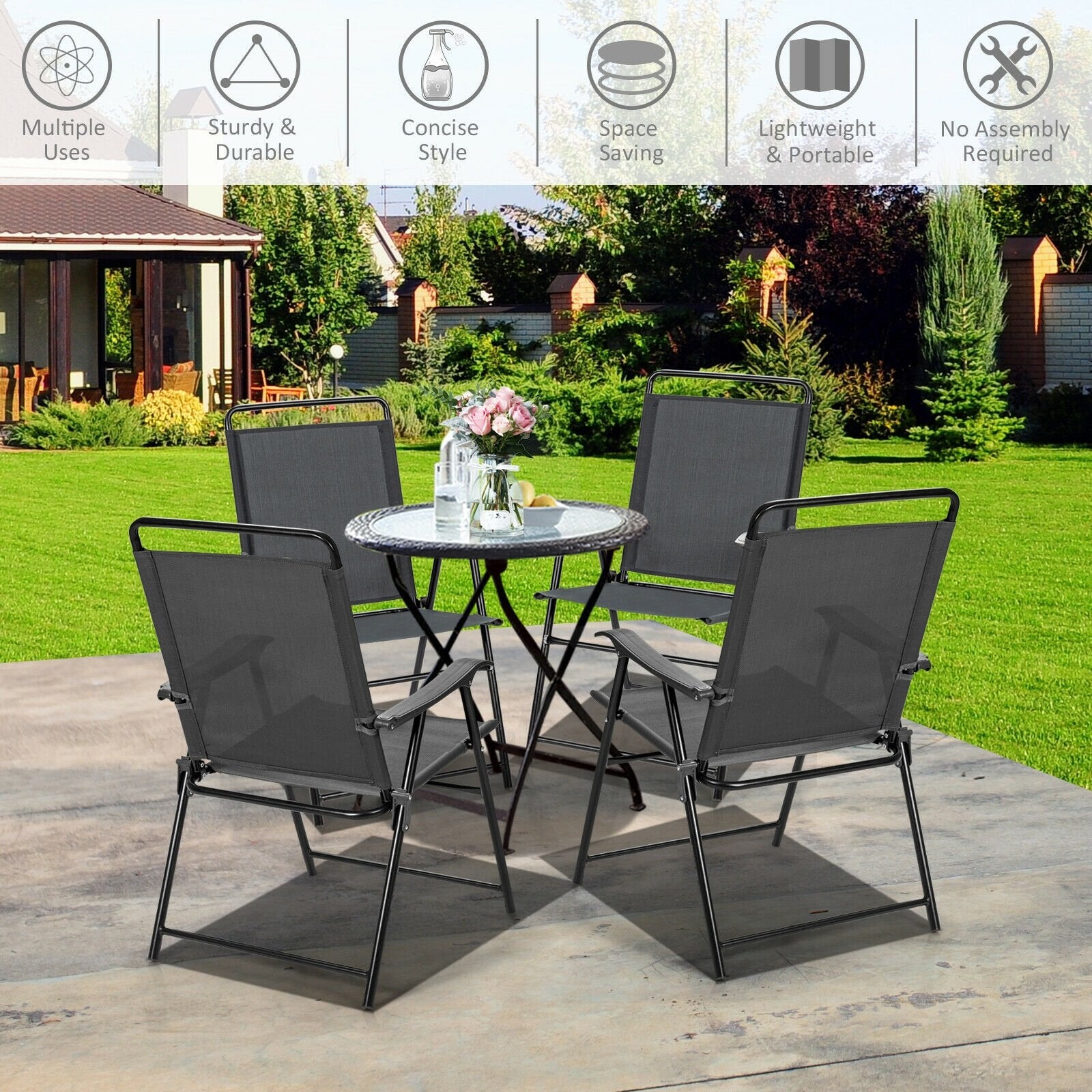 4 Pieces Portable Outdoor Folding Chair with Armrest, Gray Patio Dining Chairs   at Gallery Canada