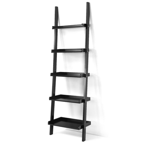 5-Tier Wall-leaning Ladder Shelf Display Rack for Plants and Books, Black