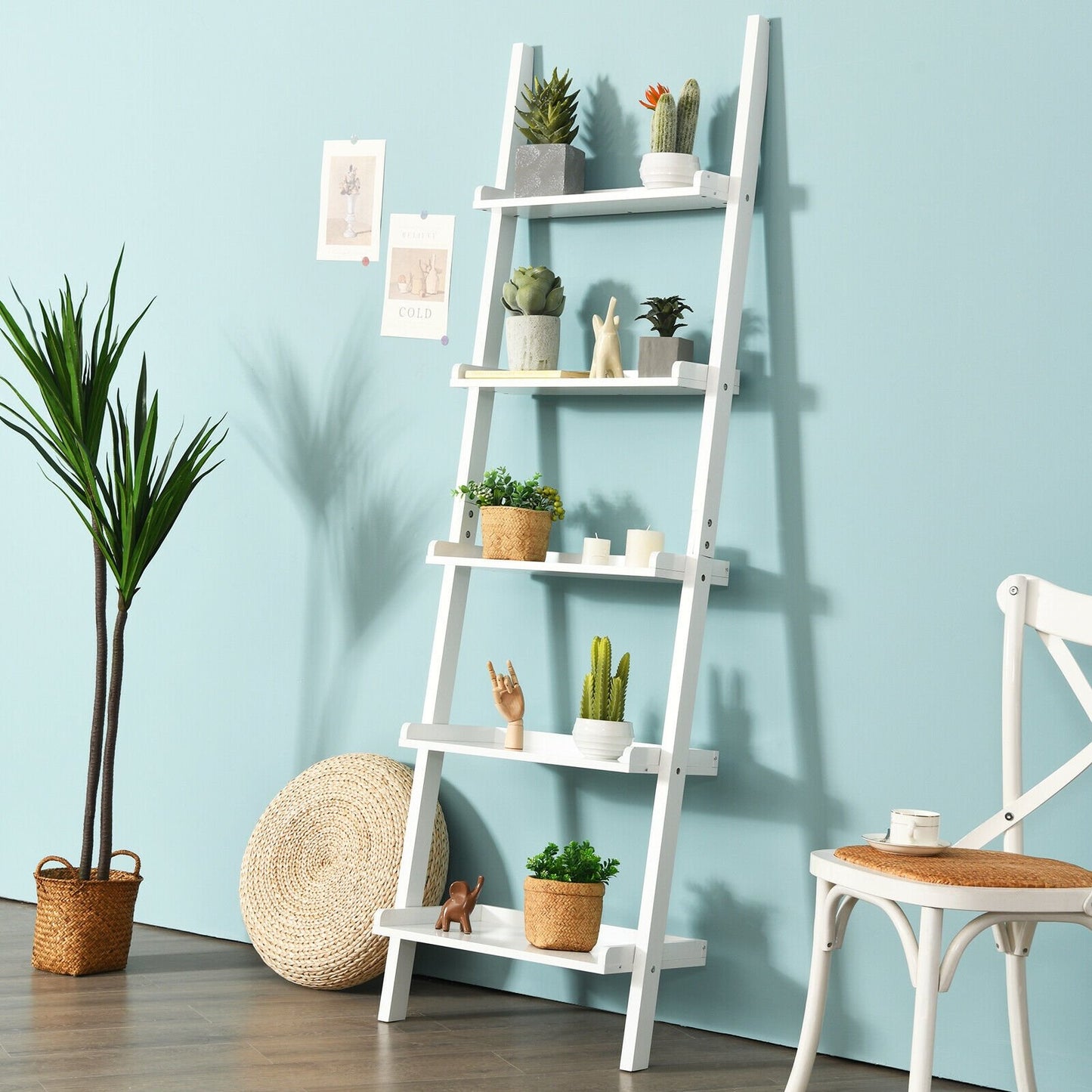 5-Tier Wall-leaning Ladder Shelf Display Rack for Plants and Books, White - Gallery Canada