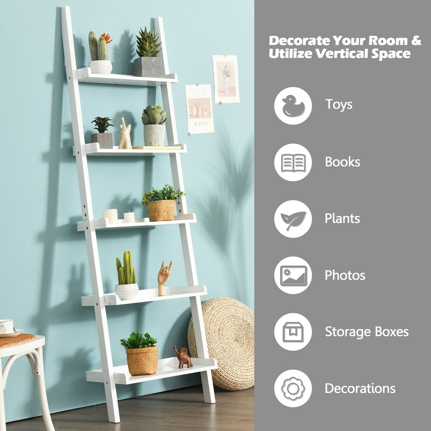 5-Tier Wall-leaning Ladder Shelf Display Rack for Plants and Books, White - Gallery Canada