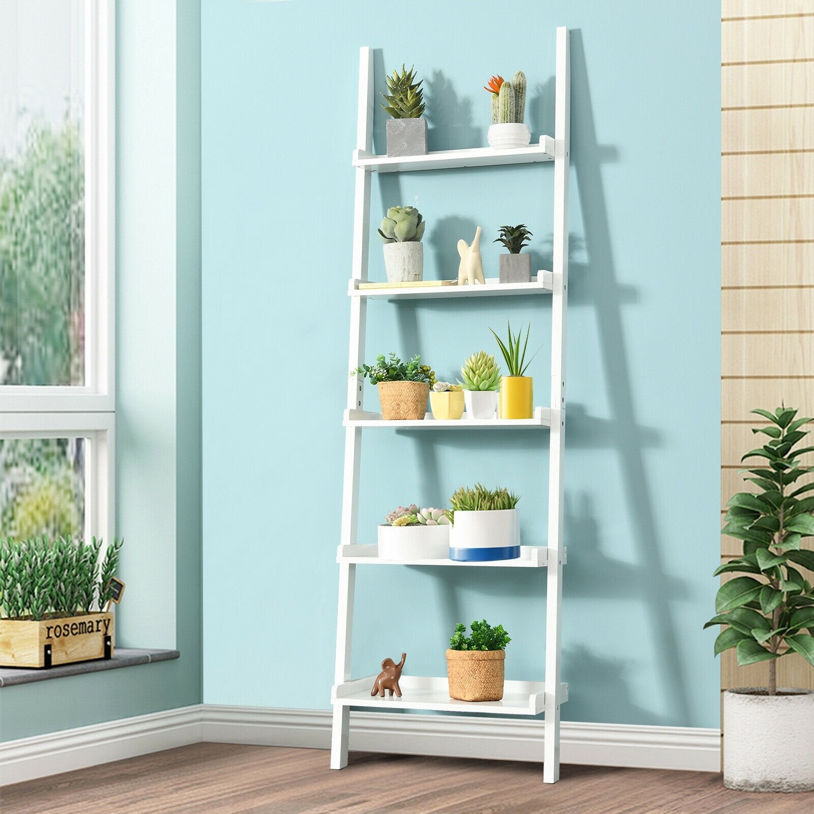 5-Tier Wall-leaning Ladder Shelf Display Rack for Plants and Books, White Bookcases   at Gallery Canada