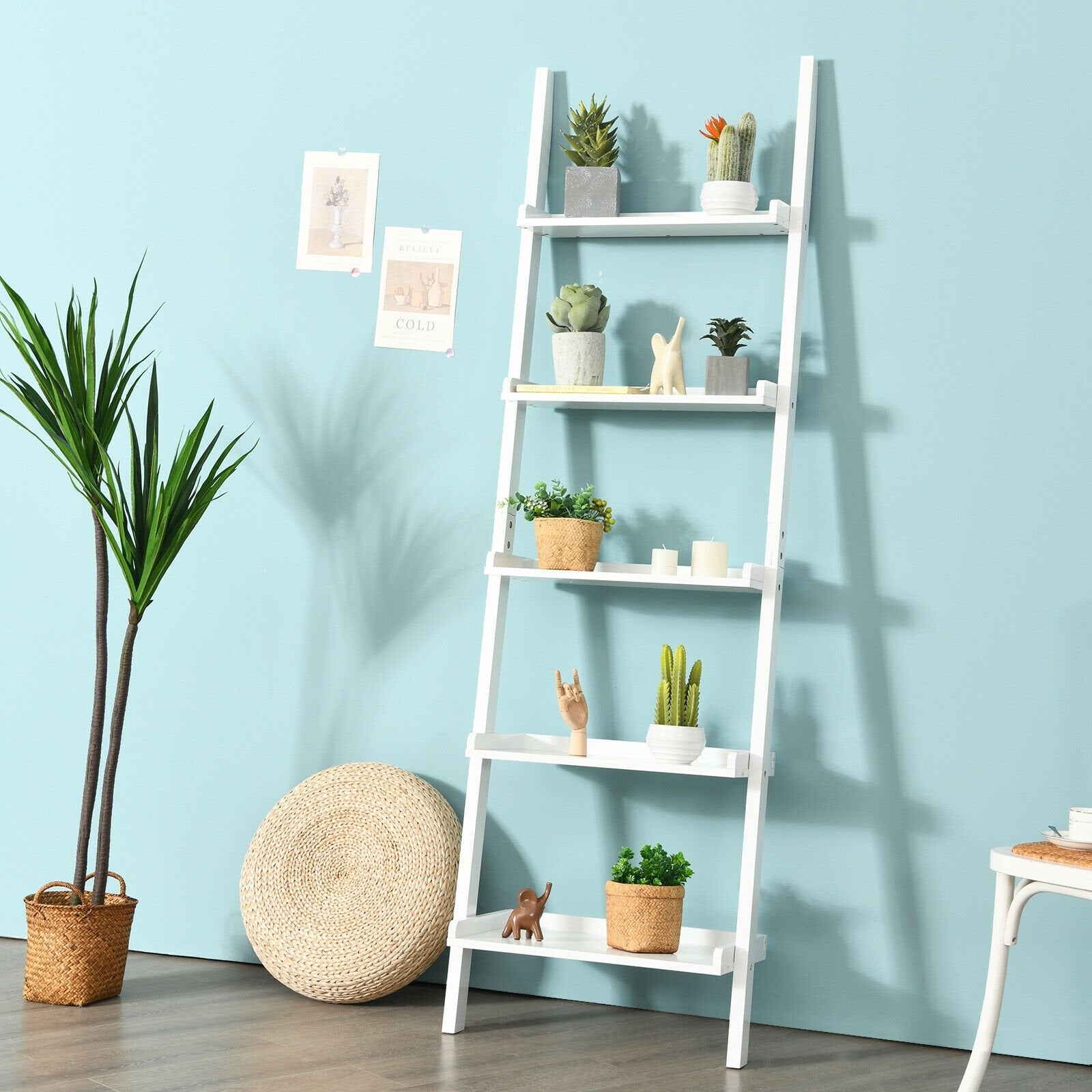5-Tier Wall-leaning Ladder Shelf Display Rack for Plants and Books, White - Gallery Canada