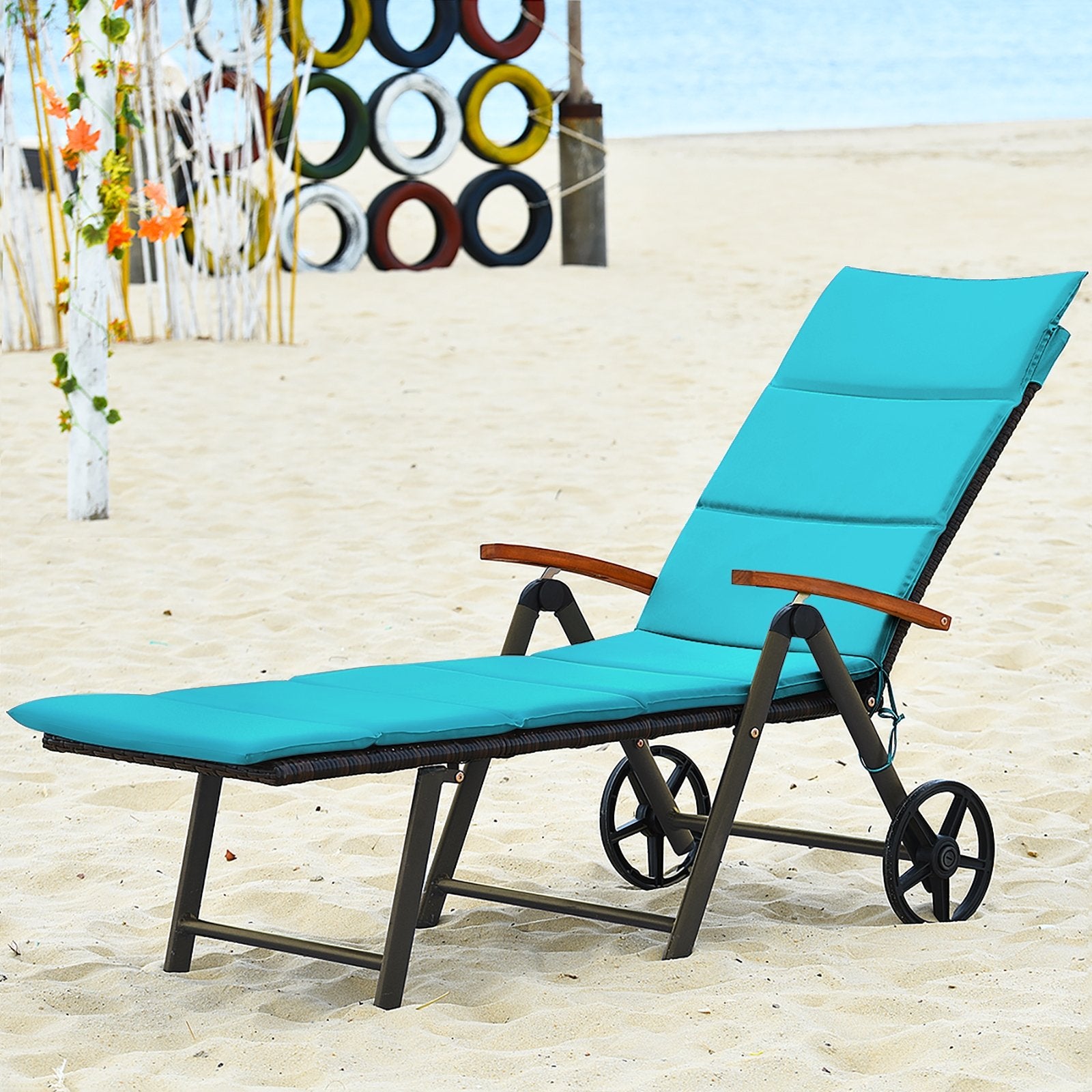 Outdoor Chaise Lounge Chair Rattan Lounger Recliner Chair, Turquoise Outdoor Chaise Lounges   at Gallery Canada