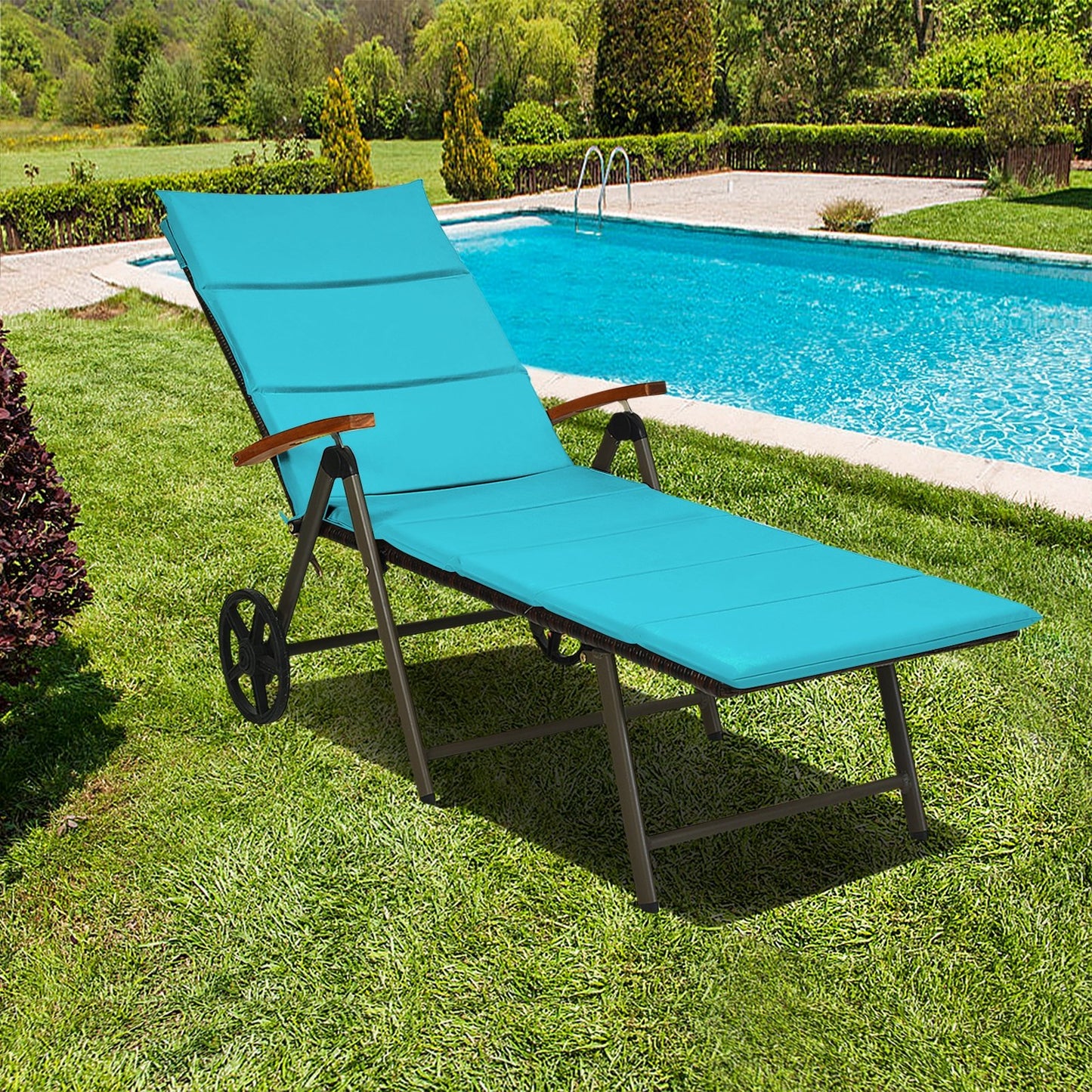 Outdoor Chaise Lounge Chair Rattan Lounger Recliner Chair, Turquoise Outdoor Chaise Lounges   at Gallery Canada