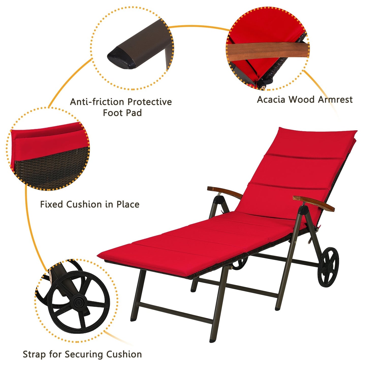 Outdoor Chaise Lounge Chair Rattan Lounger Recliner Chair, Red Outdoor Chaise Lounges   at Gallery Canada