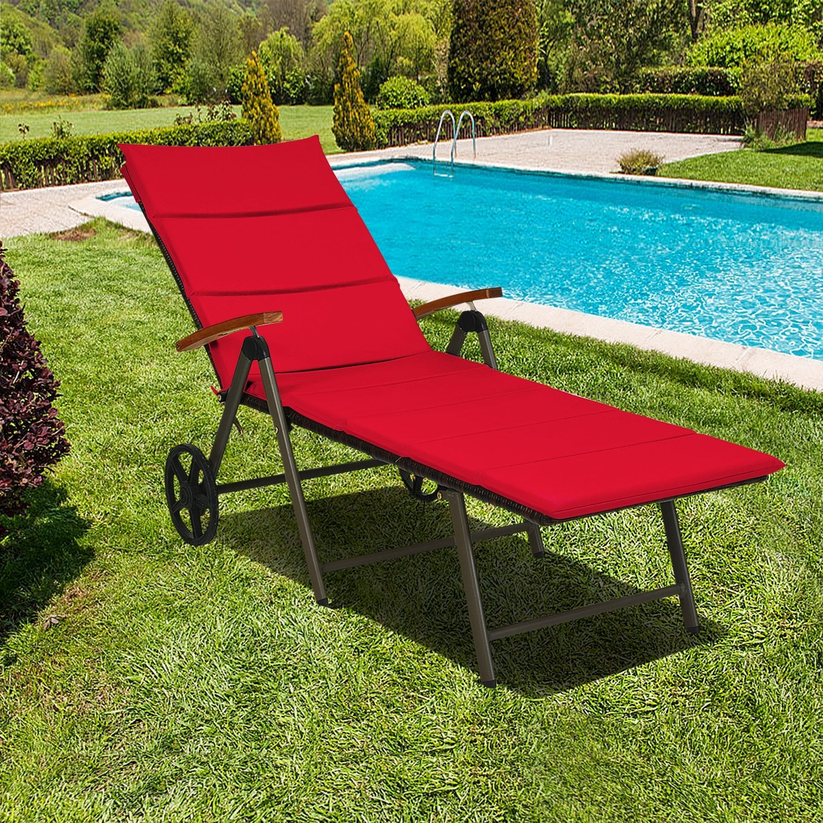 Outdoor Chaise Lounge Chair Rattan Lounger Recliner Chair, Red Outdoor Chaise Lounges   at Gallery Canada