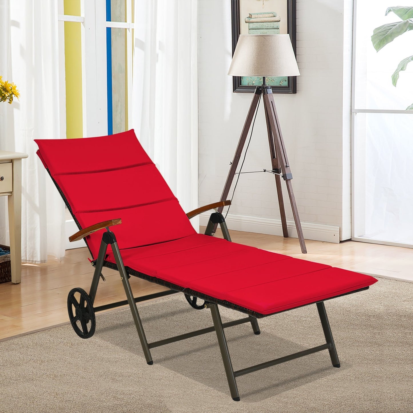 Outdoor Chaise Lounge Chair Rattan Lounger Recliner Chair, Red Outdoor Chaise Lounges   at Gallery Canada