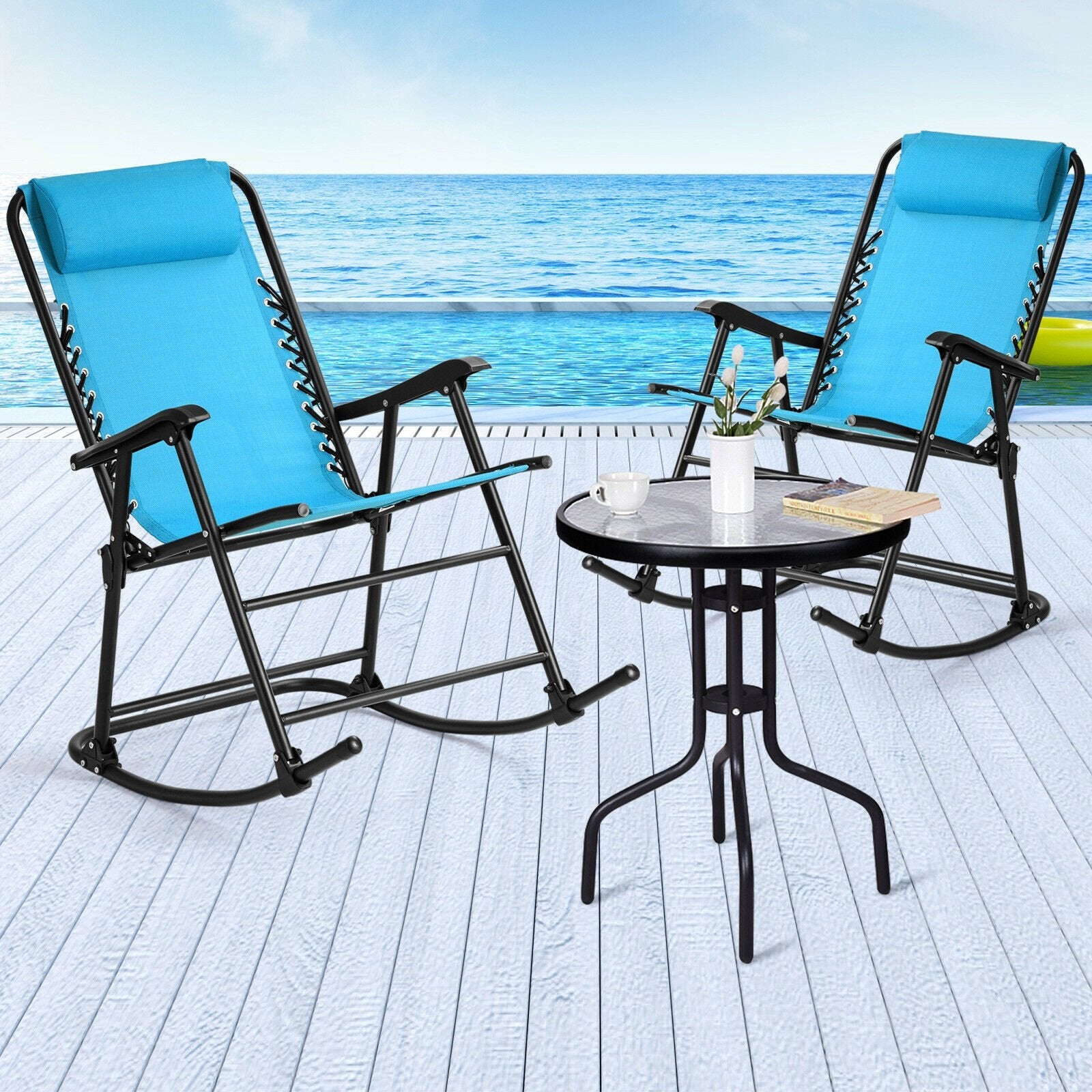 Outdoor Patio Headrest Folding Zero Gravity Rocking Chair, Turquoise Patio Rocking Chairs & Gliders   at Gallery Canada