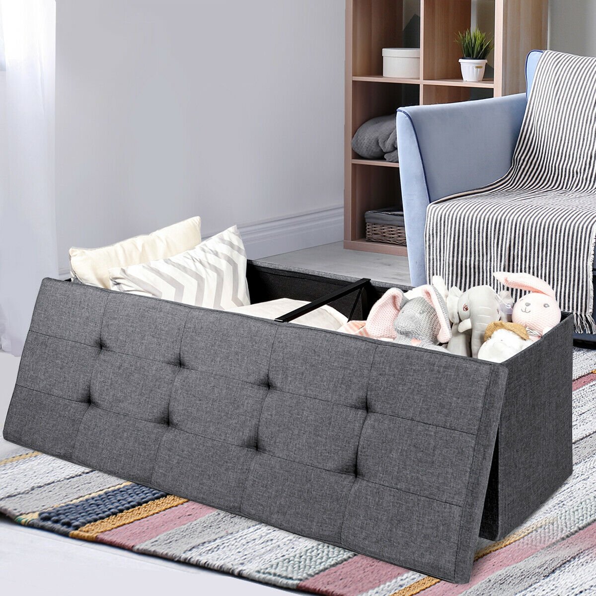 Large Fabric Folding Storage Chest with Smart lift Divider Bed End Ottoman Bench, Dark Gray Shoe Racks & Storage Benches   at Gallery Canada