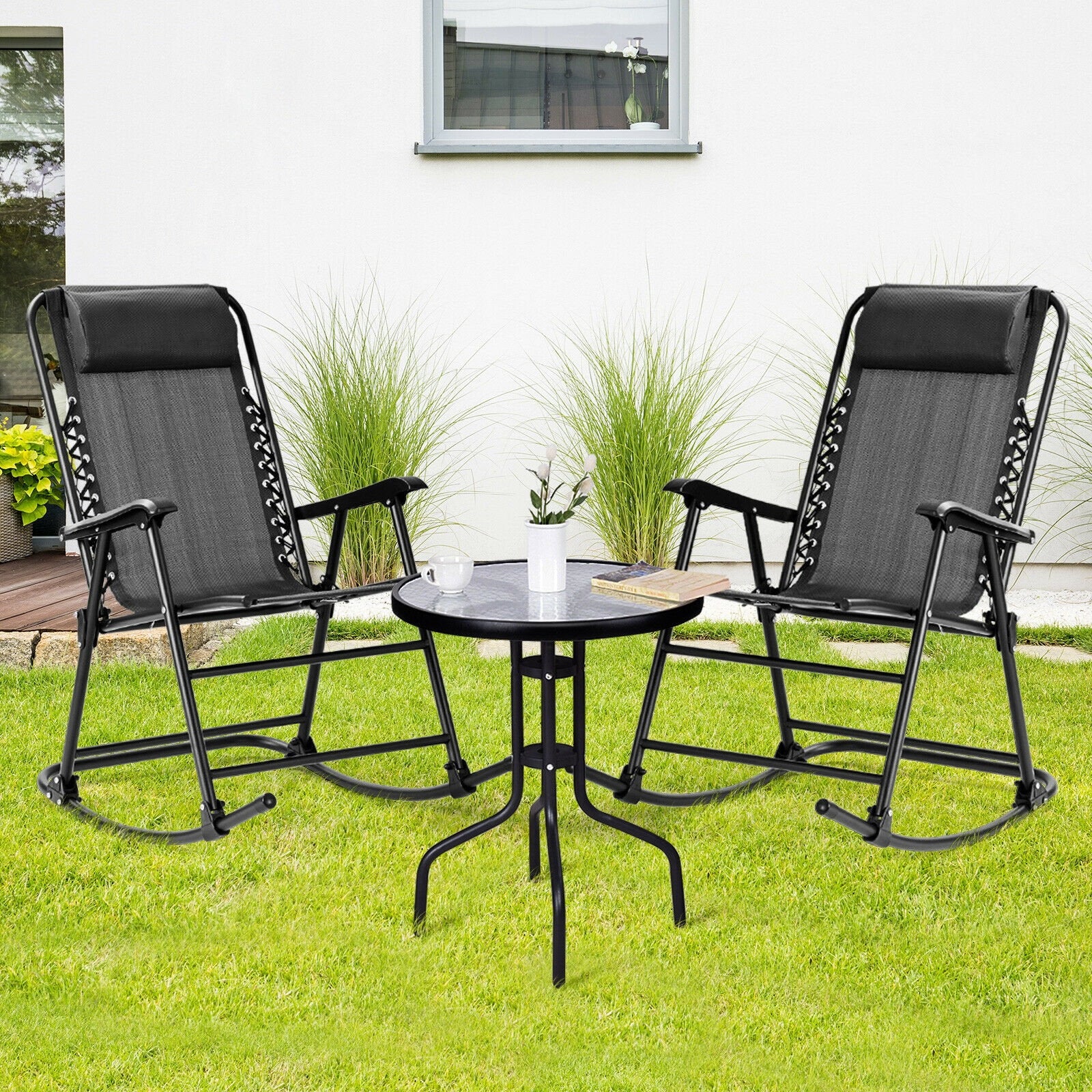 Outdoor Patio Headrest Folding Zero Gravity Rocking Chair, Gray Patio Rocking Chairs & Gliders   at Gallery Canada