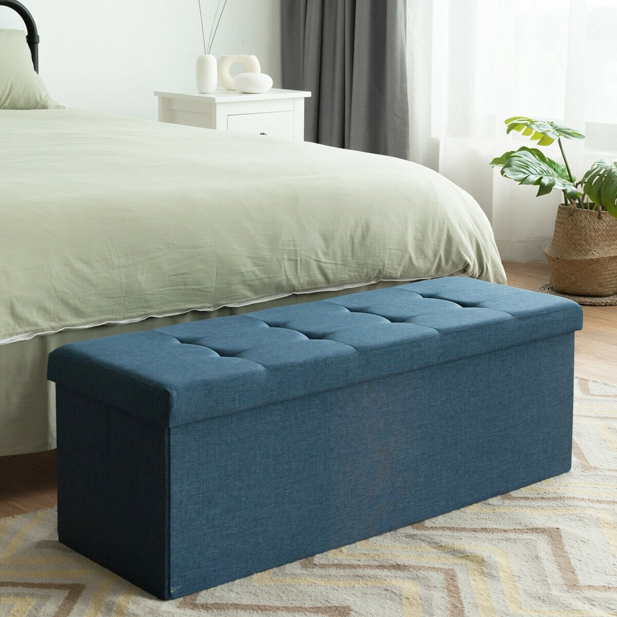 Large Fabric Folding Storage Chest with Smart lift Divider Bed End Ottoman Bench, Navy Shoe Racks & Storage Benches   at Gallery Canada