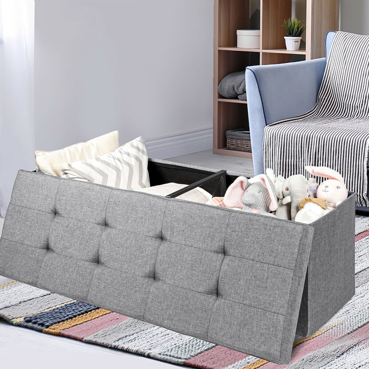 Large Fabric Folding Storage Chest with Smart lift Divider Bed End Ottoman Bench, Light Gray Shoe Racks & Storage Benches   at Gallery Canada