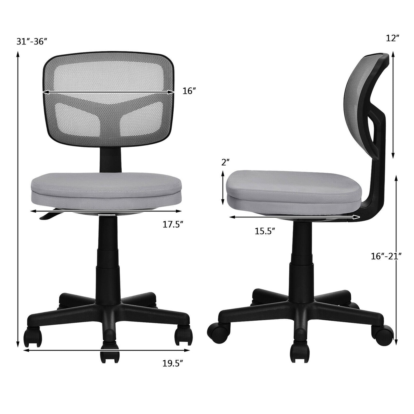 Armless Computer Chair with Height Adjustment and Breathable Mesh for Home Office, Gray Armless Chairs   at Gallery Canada