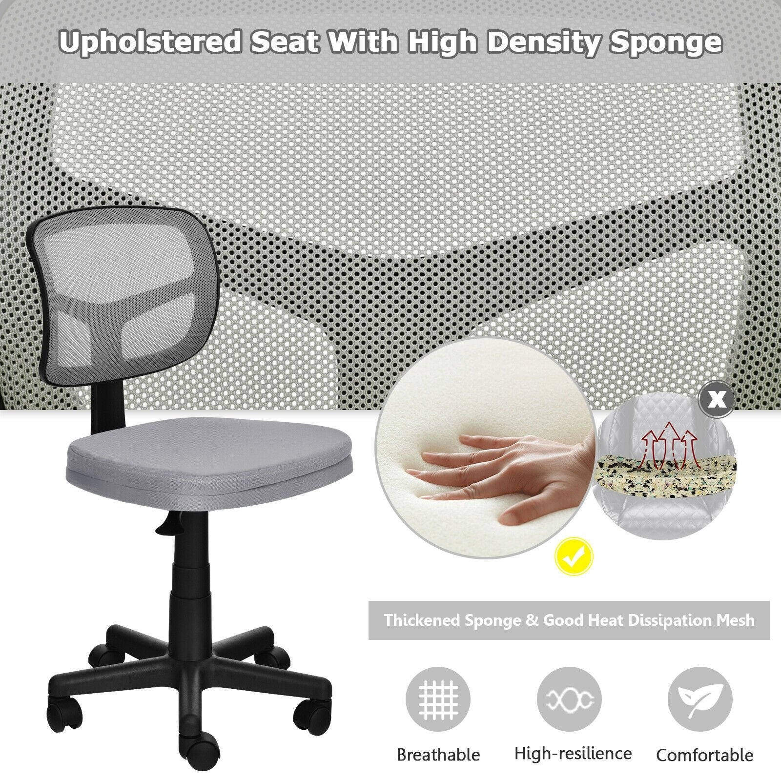 Armless Computer Chair with Height Adjustment and Breathable Mesh for Home Office, Gray Armless Chairs   at Gallery Canada