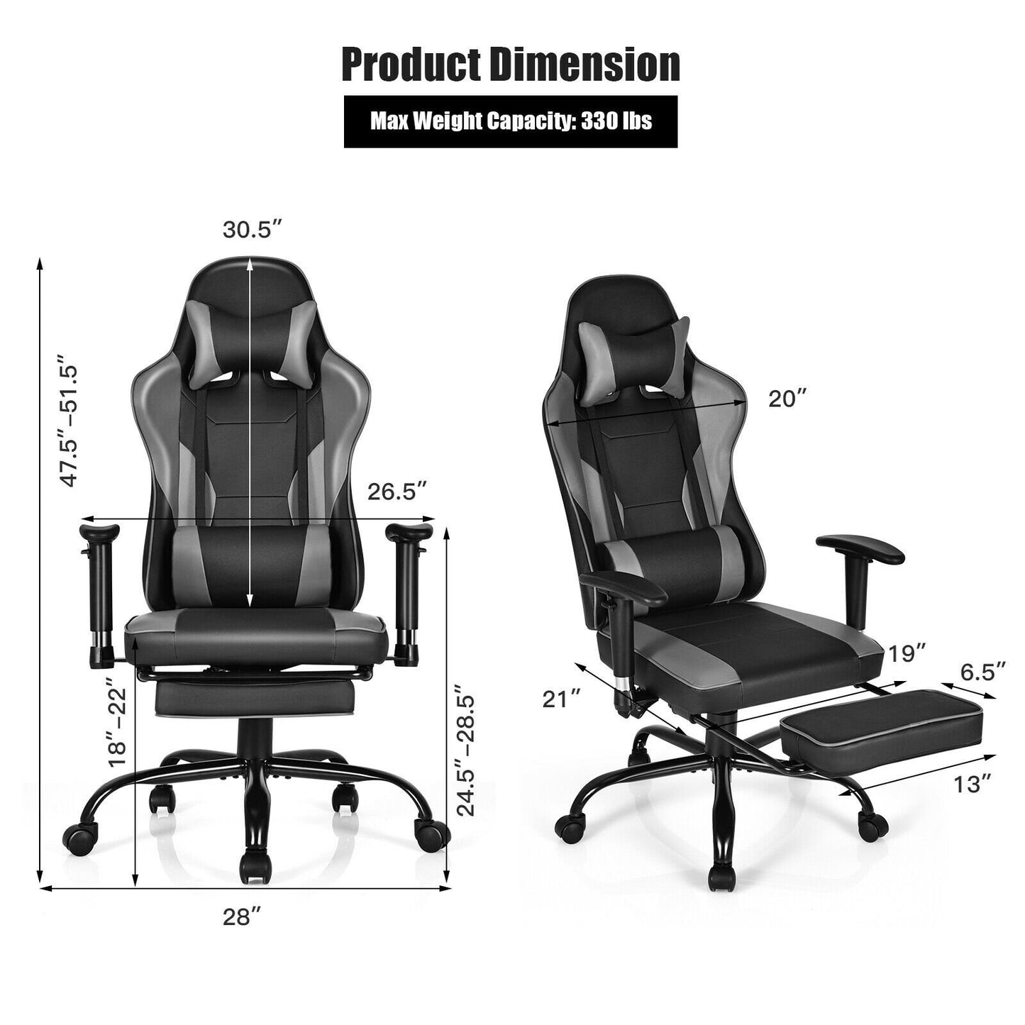 Massage Gaming Chair Recliner with Footrest and Adjustable Armrests for Home and Office, Black - Gallery Canada