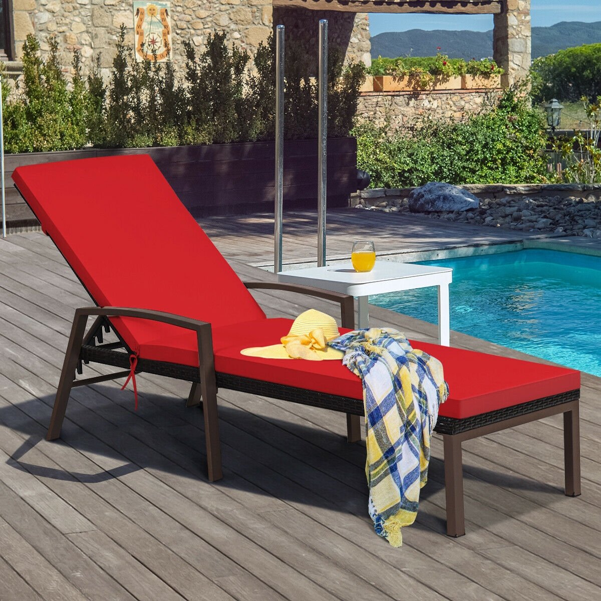 Patio Rattan Lounge Chaise Recliner with Back Adjustable Cushioned, Red Outdoor Chaise Lounges   at Gallery Canada