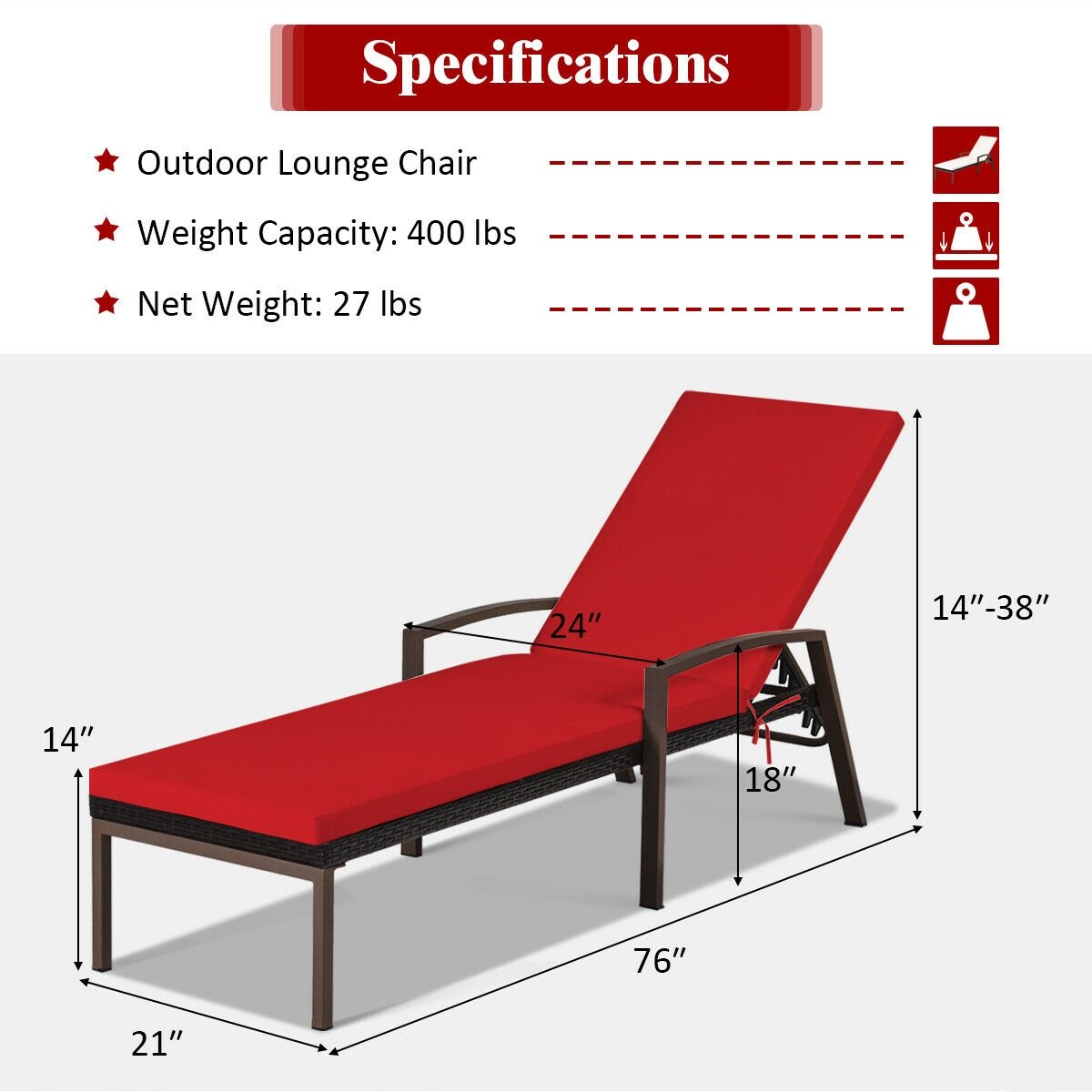 Patio Rattan Lounge Chaise Recliner with Back Adjustable Cushioned, Red Outdoor Chaise Lounges   at Gallery Canada