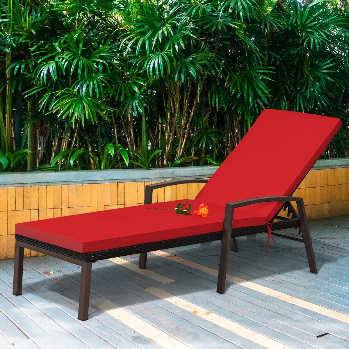 Patio Rattan Lounge Chaise Recliner with Back Adjustable Cushioned, Red Outdoor Chaise Lounges   at Gallery Canada