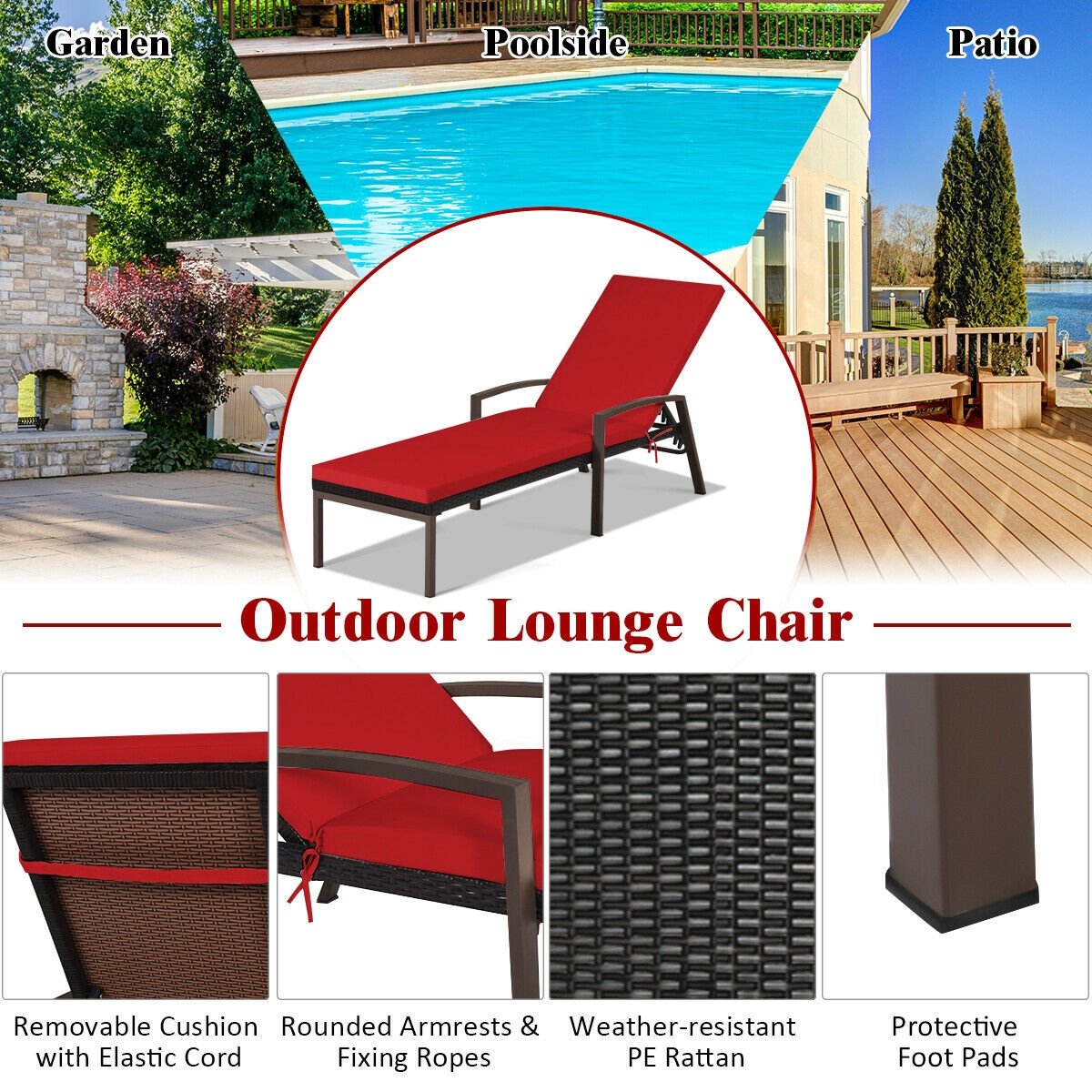 Patio Rattan Lounge Chaise Recliner with Back Adjustable Cushioned, Red Outdoor Chaise Lounges   at Gallery Canada