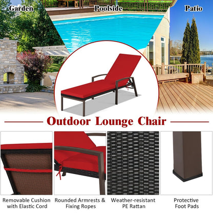 Patio Rattan Lounge Chaise Recliner with Back Adjustable Cushioned, Red - Gallery Canada