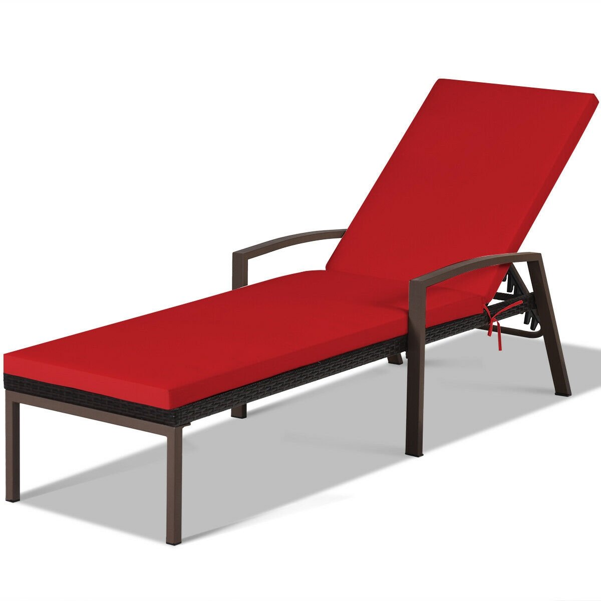 Patio Rattan Lounge Chaise Recliner with Back Adjustable Cushioned, Red Outdoor Chaise Lounges   at Gallery Canada