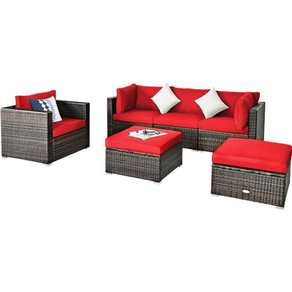 6 Pieces Patio Rattan Furniture Set with Sectional Cushion, Red Outdoor Sectionals   at Gallery Canada