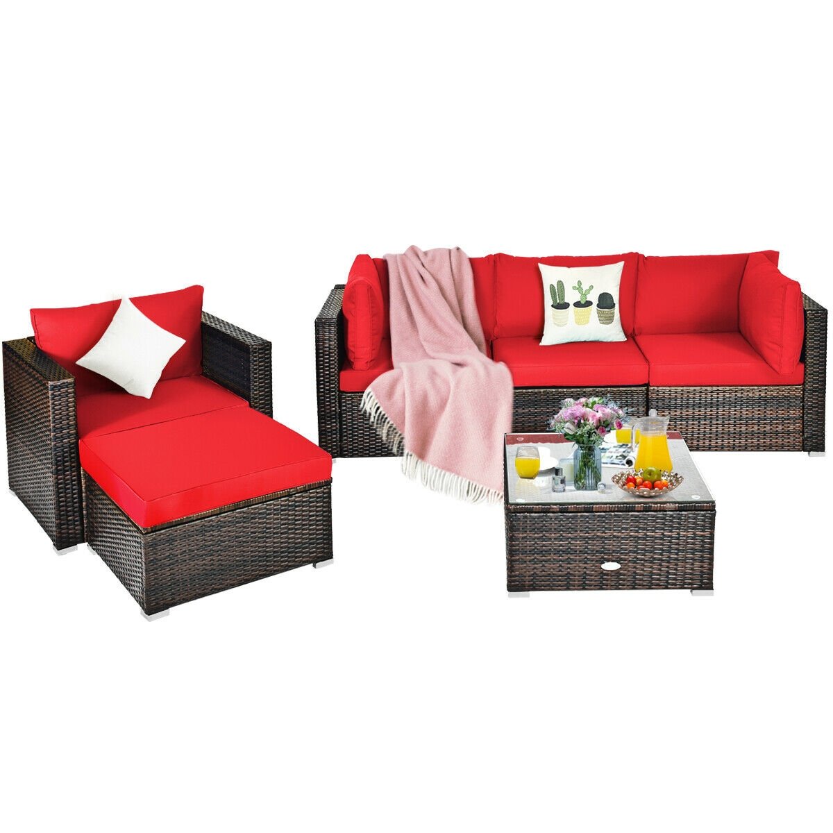 6 Pieces Patio Rattan Furniture Set with Sectional Cushion, Red Outdoor Sectionals   at Gallery Canada