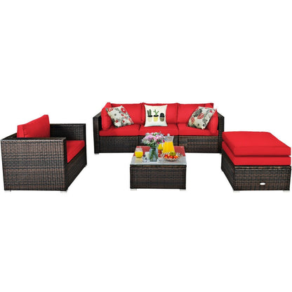 6 Pieces Patio Rattan Furniture Set with Sectional Cushion, Red Outdoor Sectionals   at Gallery Canada