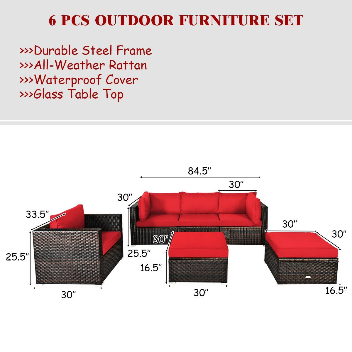 6 Pieces Patio Rattan Furniture Set with Sectional Cushion, Red Outdoor Sectionals   at Gallery Canada