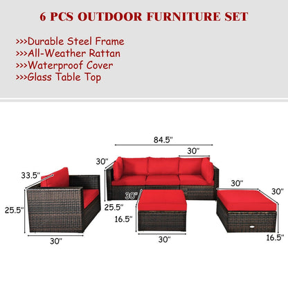 6 Pieces Patio Rattan Furniture Set with Sectional Cushion, Red Outdoor Sectionals   at Gallery Canada