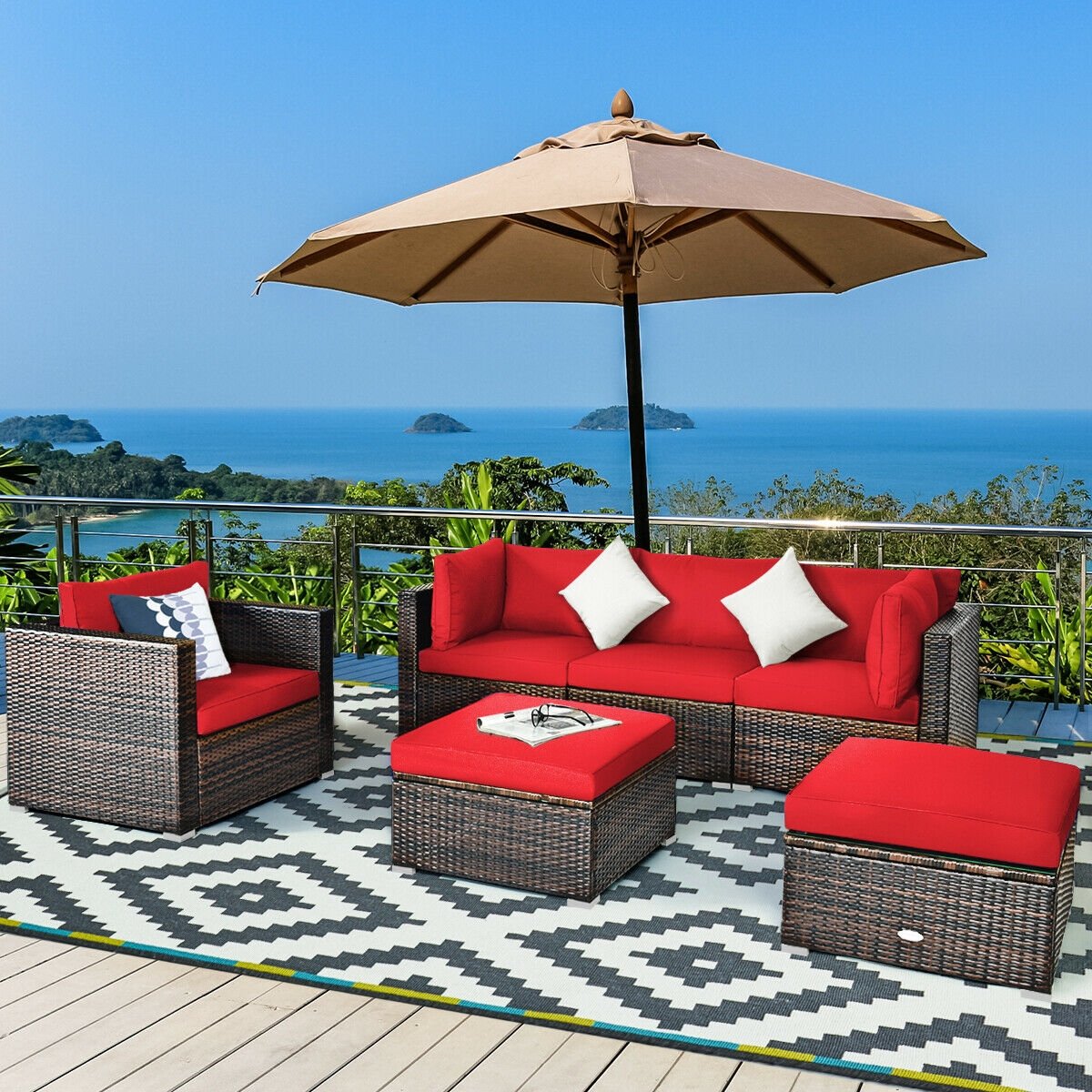 6 Pieces Patio Rattan Furniture Set with Sectional Cushion, Red Outdoor Sectionals   at Gallery Canada