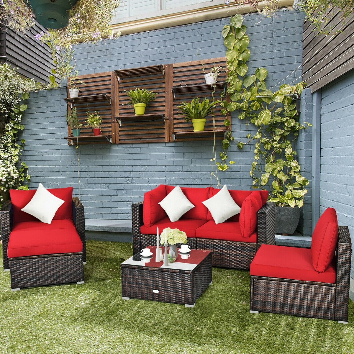 6 Pieces Patio Rattan Furniture Set with Sectional Cushion, Red Outdoor Sectionals   at Gallery Canada