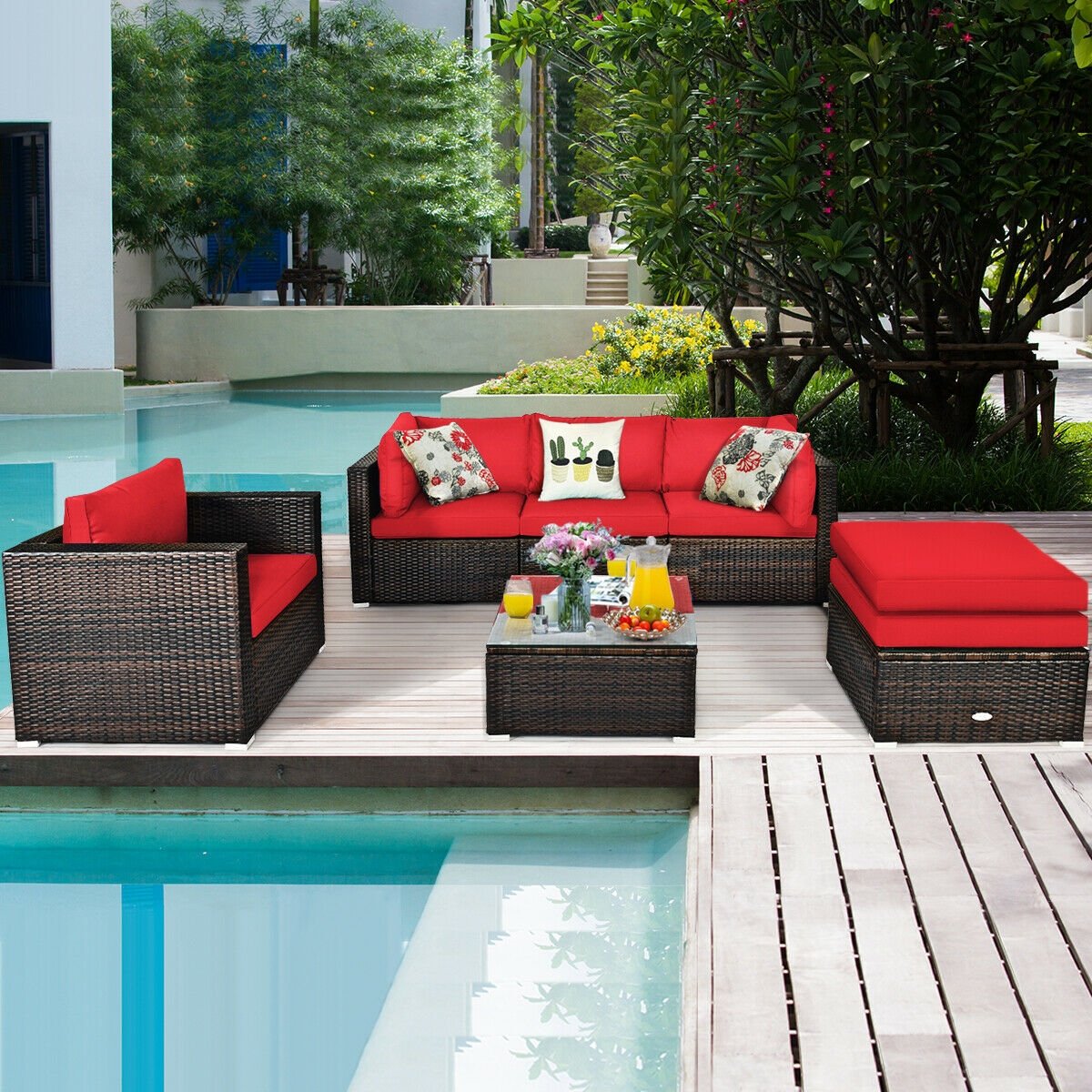 6 Pieces Patio Rattan Furniture Set with Sectional Cushion, Red Outdoor Sectionals   at Gallery Canada