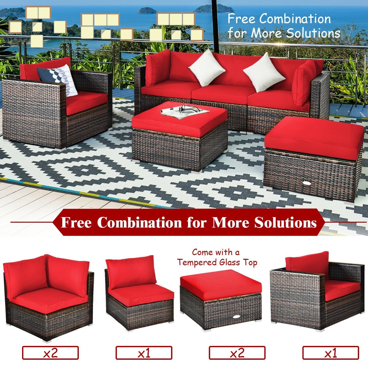 6 Pieces Patio Rattan Furniture Set with Sectional Cushion, Red Outdoor Sectionals   at Gallery Canada