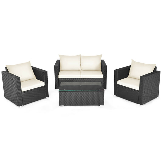 4 Pieces Patio Rattan Cushioned Furniture Set, White - Gallery Canada