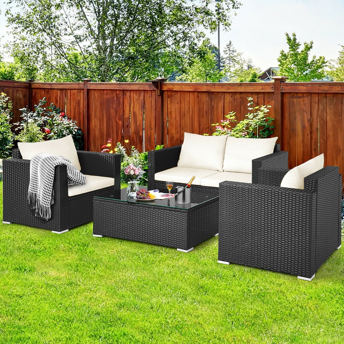 4 Pieces Patio Rattan Cushioned Furniture Set, White Patio Conversation Sets   at Gallery Canada