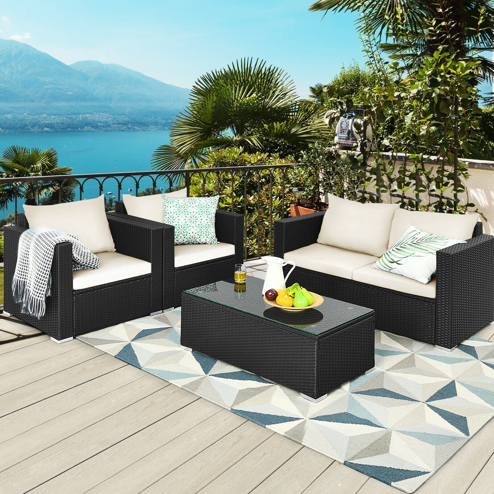 4 Pieces Patio Rattan Cushioned Furniture Set, White Patio Conversation Sets   at Gallery Canada