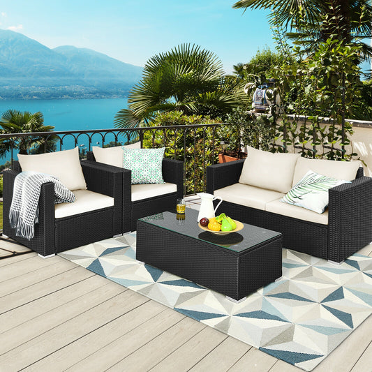 4 Pieces Patio Rattan Cushioned Furniture Set, White - Gallery Canada