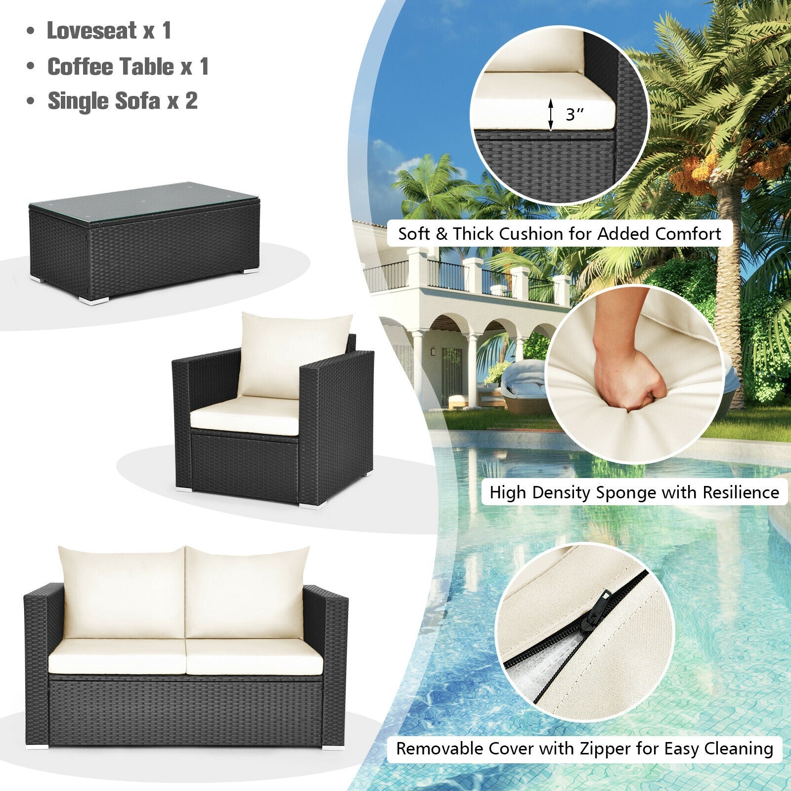 4 Pieces Patio Rattan Cushioned Furniture Set, White Patio Conversation Sets   at Gallery Canada