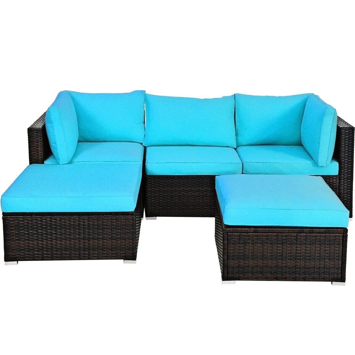 5 Pieces Patio Rattan Sectional Conversation Ottoman Furniture Set, Blue Outdoor Sectionals   at Gallery Canada