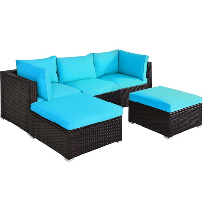 5 Pieces Patio Rattan Sectional Conversation Ottoman Furniture Set, Blue Outdoor Sectionals   at Gallery Canada