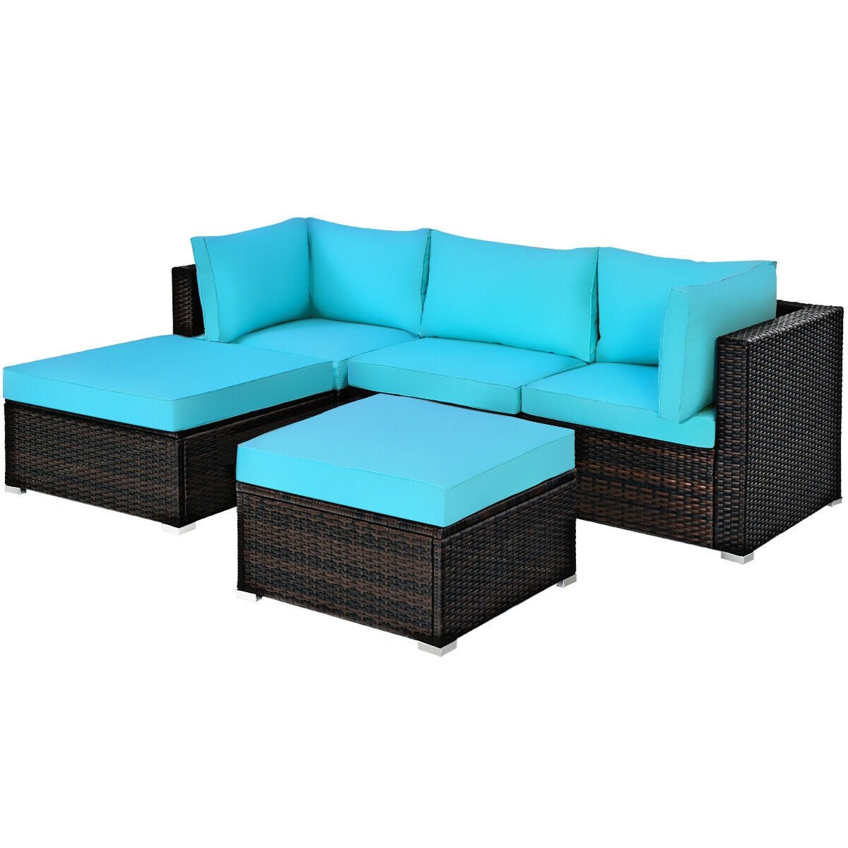 5 Pieces Patio Rattan Sectional Conversation Ottoman Furniture Set, Blue Outdoor Sectionals   at Gallery Canada