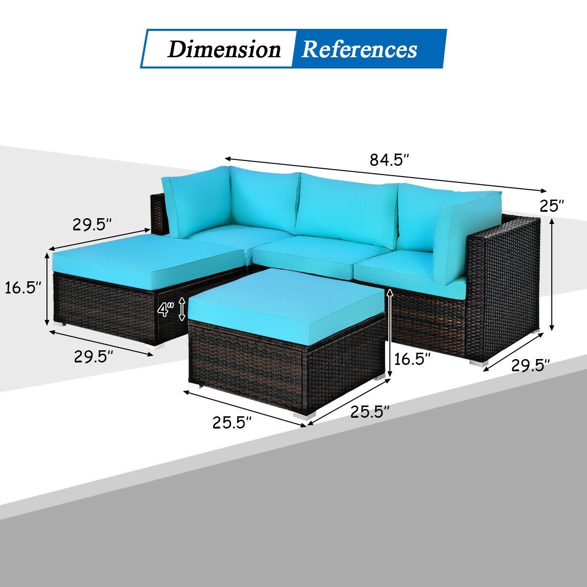 5 Pieces Patio Rattan Sectional Conversation Ottoman Furniture Set, Blue Outdoor Sectionals   at Gallery Canada